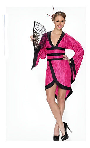 Disfras De Geisha Rosa Delicious Vestido De Tafetán Arrugado Con Ribete De Elastano Negro Y Mangas Completas