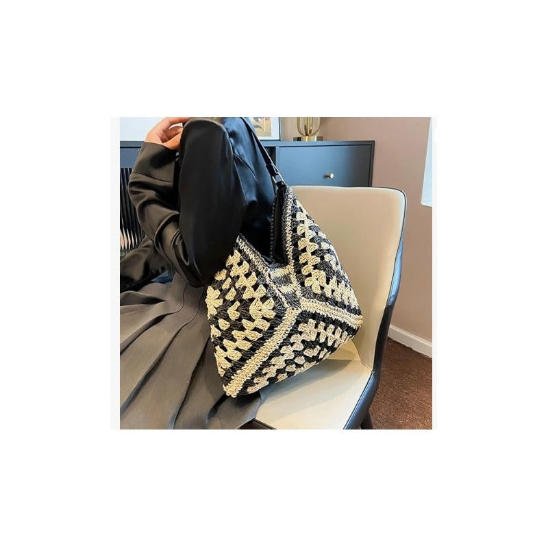 Bolso De Hombro Para Dama Hobo De Paja Con Asas Café