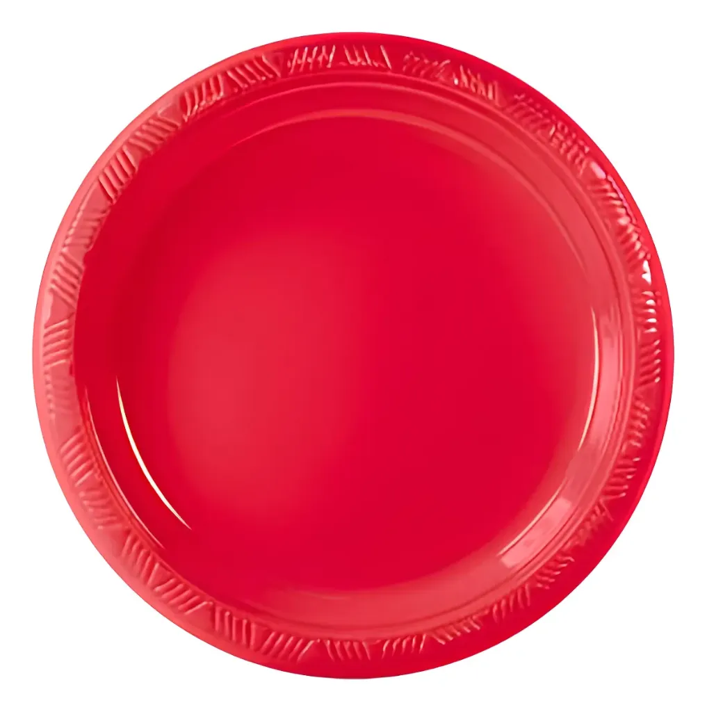PLATO DE PLASTICO PARTY IS ON #7 C/20 PIEZAS ROJO