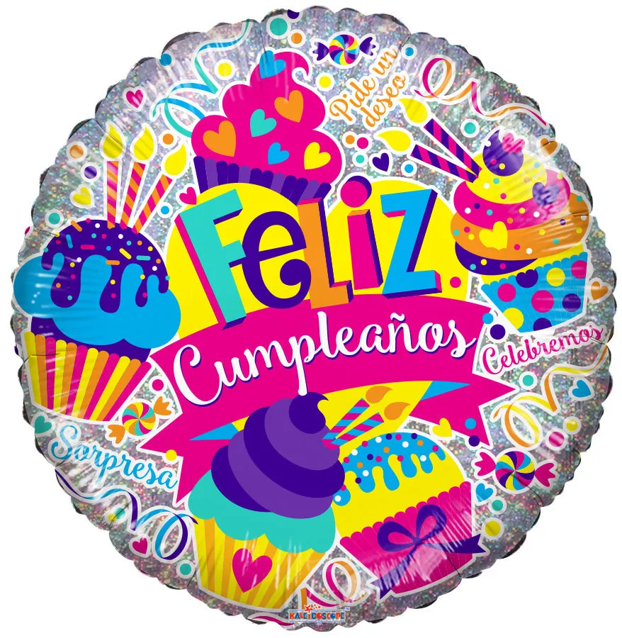 GLOBO MET. HOLOGRAFICO FELIZ CUMPLEAÑOS CUPCAKES 18" S-H 35656-18