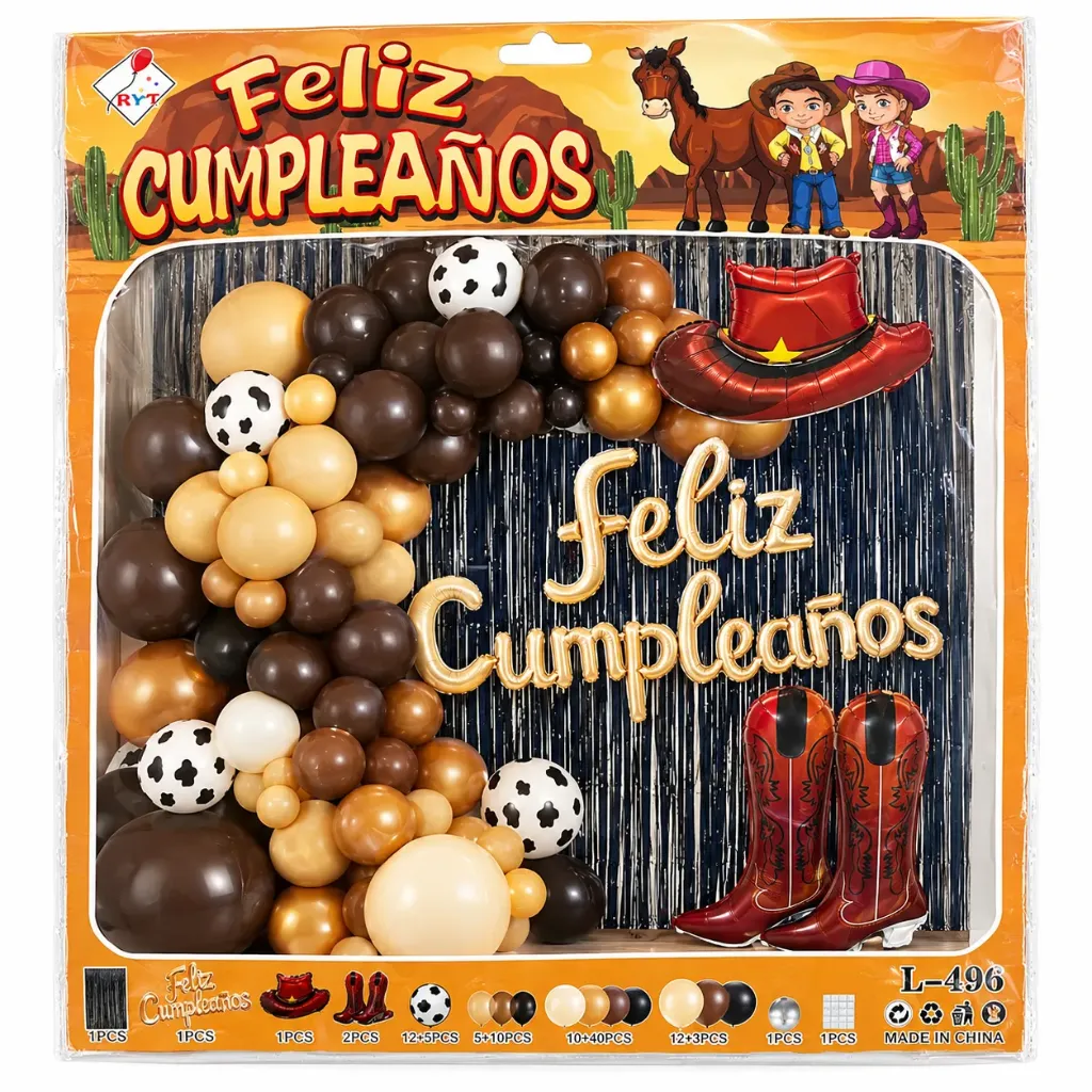 SET DE GLOBOS FELIZ CUMPLEAÑOS VAQUERO ROJO L-496
