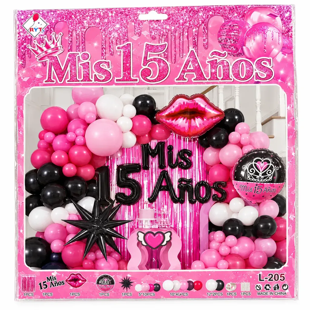 SET DE GLOBOS MIS XV AÑOS ROSA C/NEGRO L-205