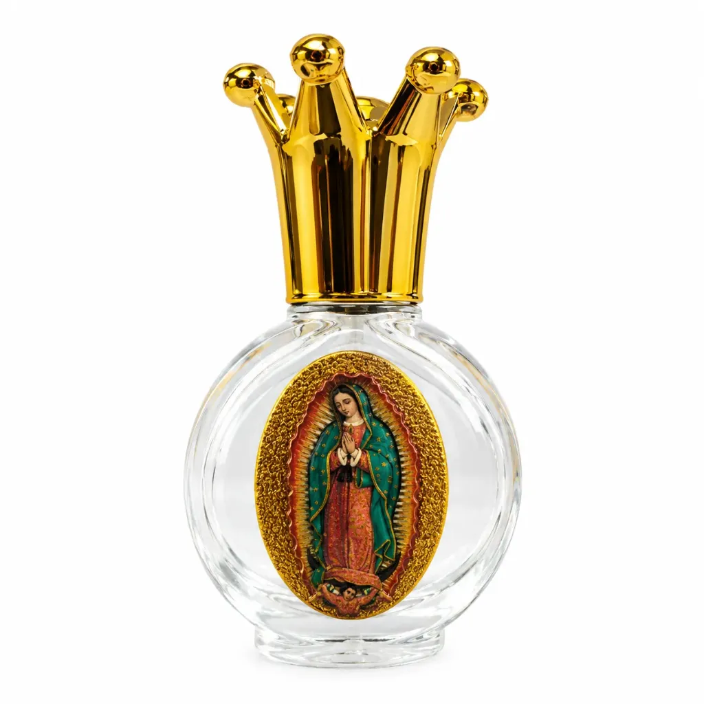 FRASCO GRANDE DE VIDRIO DORADO VIRGEN DE GUADALUPE
