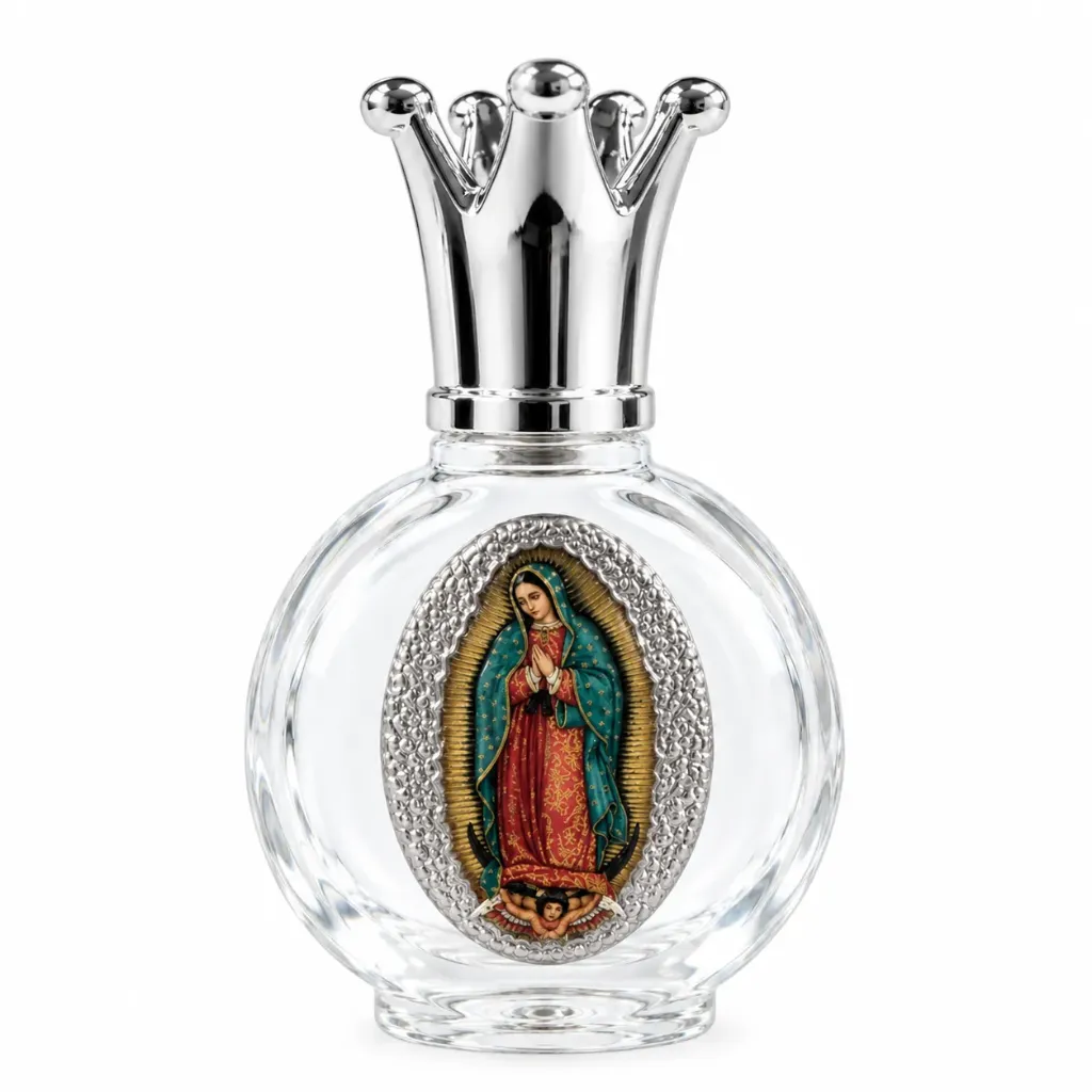 FRASCO CHICO DE VIDRIO PLATA VIRGEN DE GUADALUPE