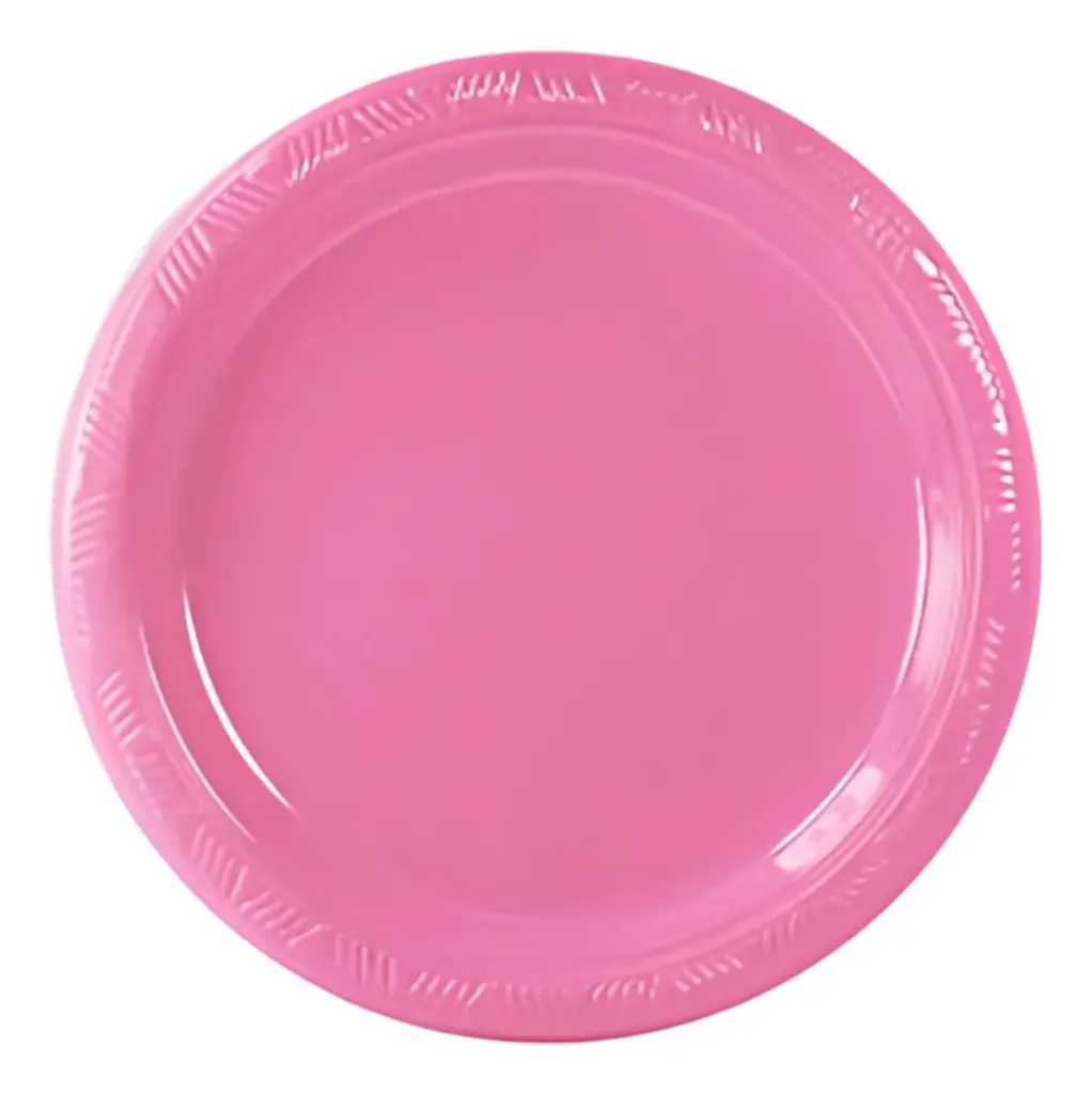 PLATO DE PLASTICO PARTY IS ON #7 C/20 PIEZAS ROSA